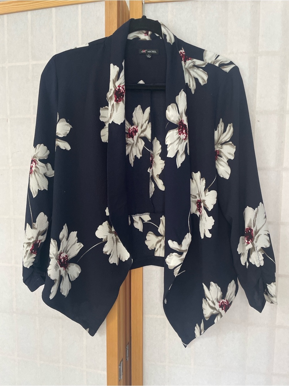 Michel Studio Black Floral Open-Front Draped Jacket with White Flowers
